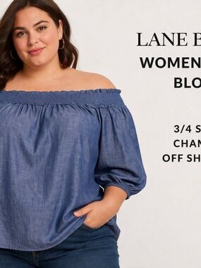 Lane Bryant Women's 26/28 Blouse - 3/4 Sleeve Chambray Off Shoulder Top/Shirt